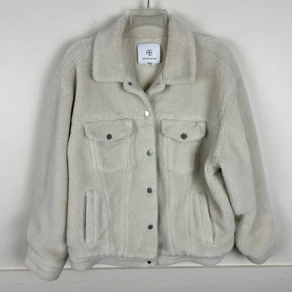 Anine Bing Cream Sherpa Rory Snap Front Jacket S - Picture 2 of 7